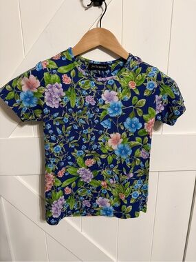 Thompson Navy Floral Short Sleeve Tee Small Multicolor Blossoms Cottagecore